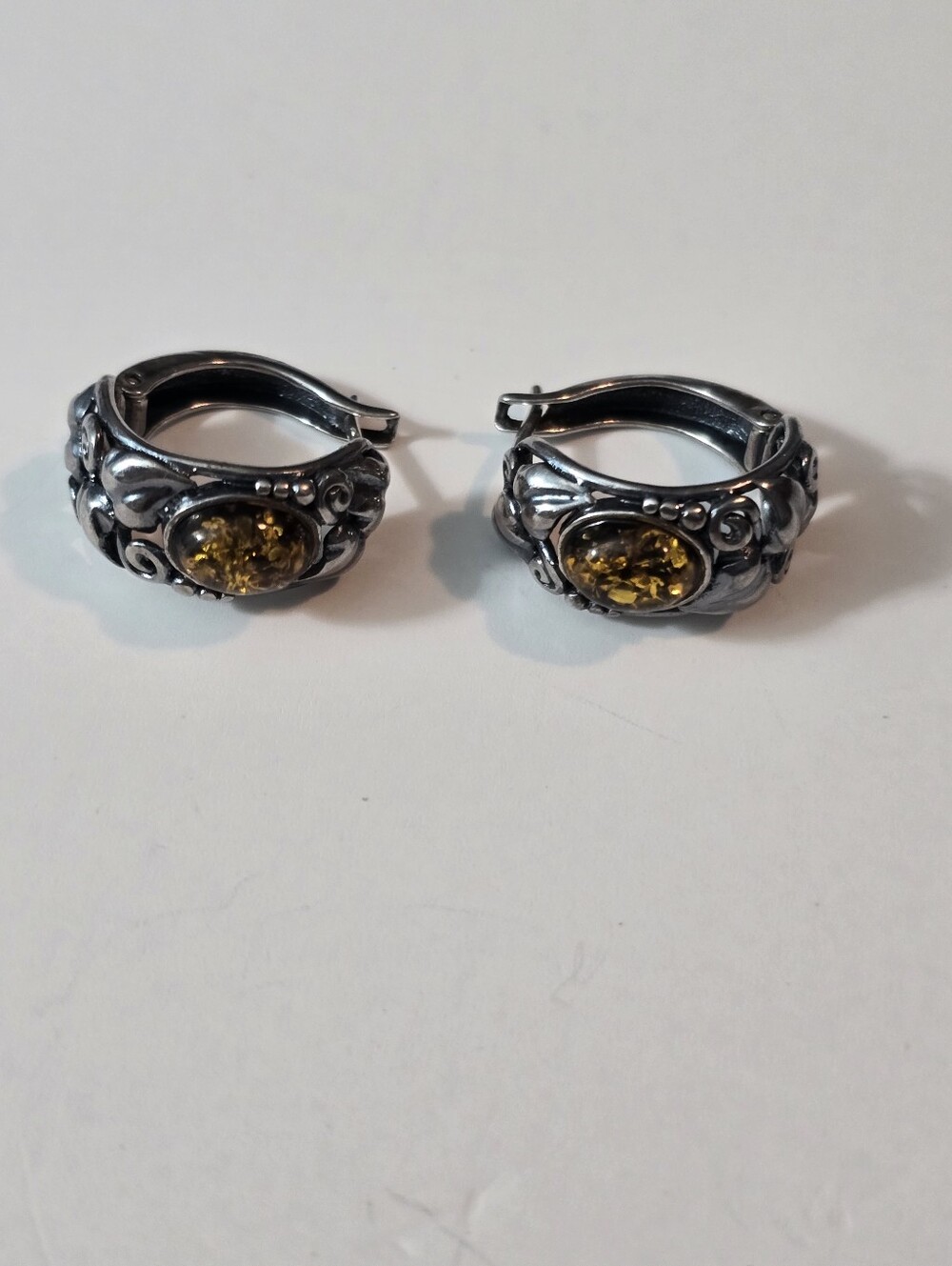Art Nouveau Style Baltic Amber Earrings Bezel Set